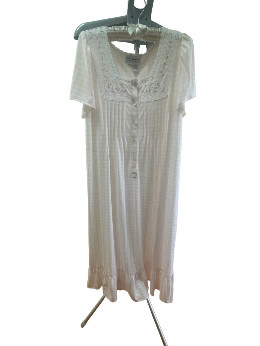 Miss Elaine Classics Pink Plaid Embroidered Long Nightgown M